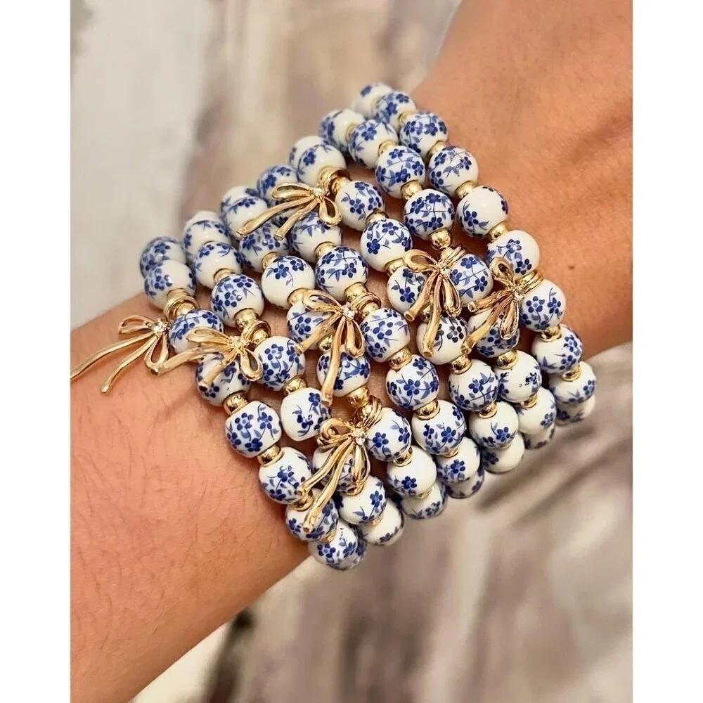 Beads Bow Charm Bracelet for Women - Handmade Flower Vintage Stretch Jewelry